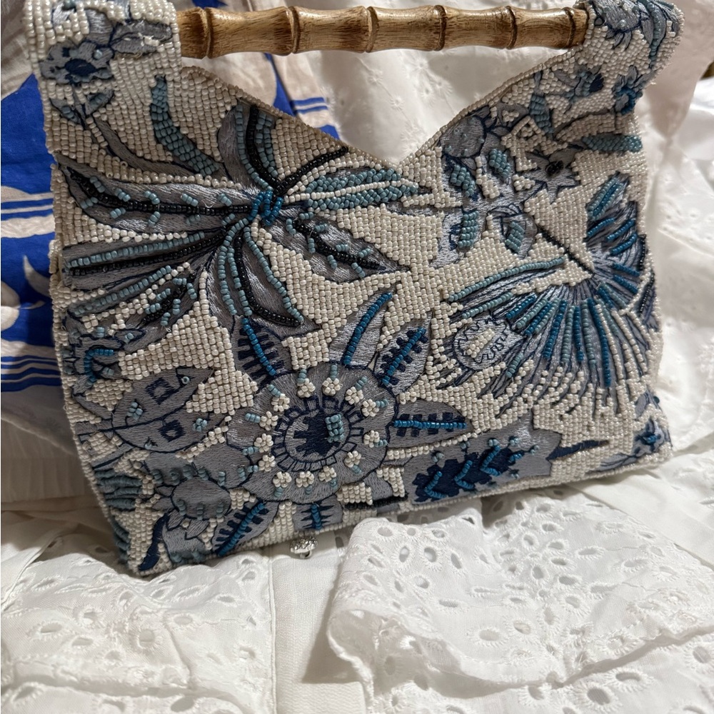 Not for Sale / Made in India Embroidered Floral Beaded Bag with Bamboo Handle